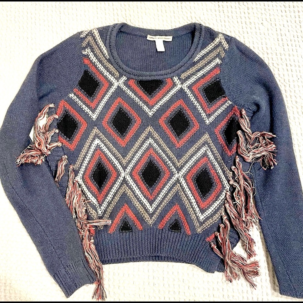 Cotton by Autumn Cashmere Tribal Style Fringe Sweater. Small